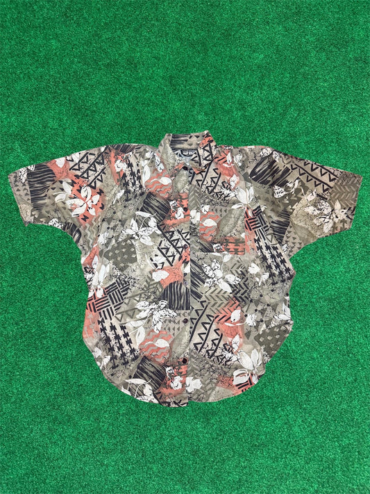 Aztec Hawaian mixed print 80s Button down W/ shoulder pads