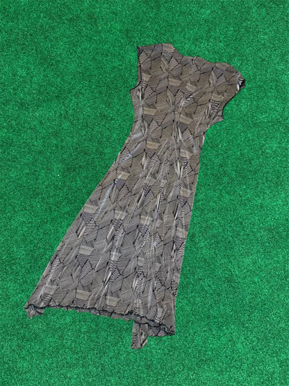 "Connected" Petite Geo-Abstract Cap Sleeve Midi Dress w/ Tie Belt