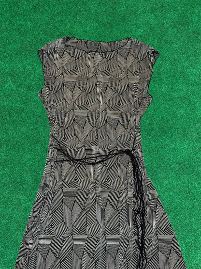 "Connected" Petite Geo-Abstract Cap Sleeve Midi Dress w/ Tie Belt