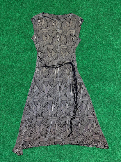 "Connected" Petite Geo-Abstract Cap Sleeve Midi Dress w/ Tie Belt